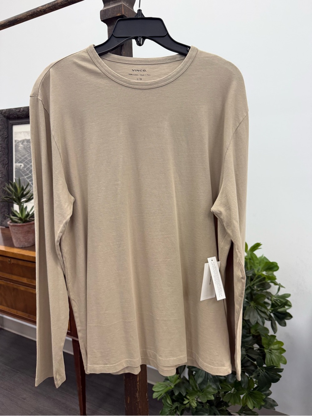Vince Long-Sleeve Crewneck Tee in Beige